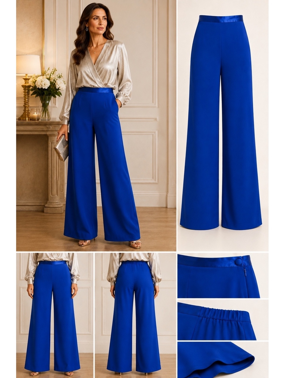 Jacques Vert Size 18 Royal Blue Wide Leg Trousers NWT Satin Waist Occasion